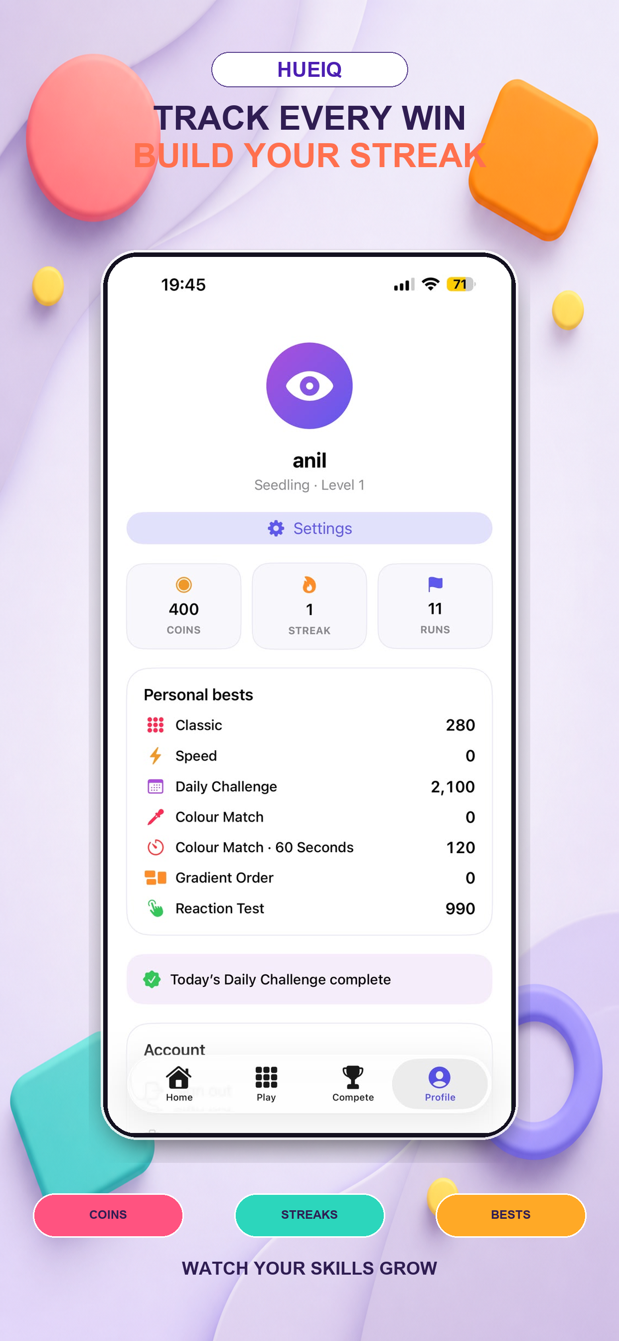 HueIQ player profile screen